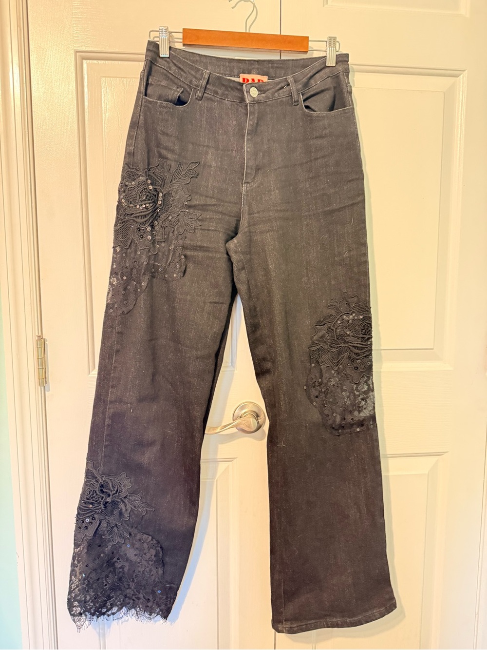 Black Embroidered Wide Leg Jeans for Women
